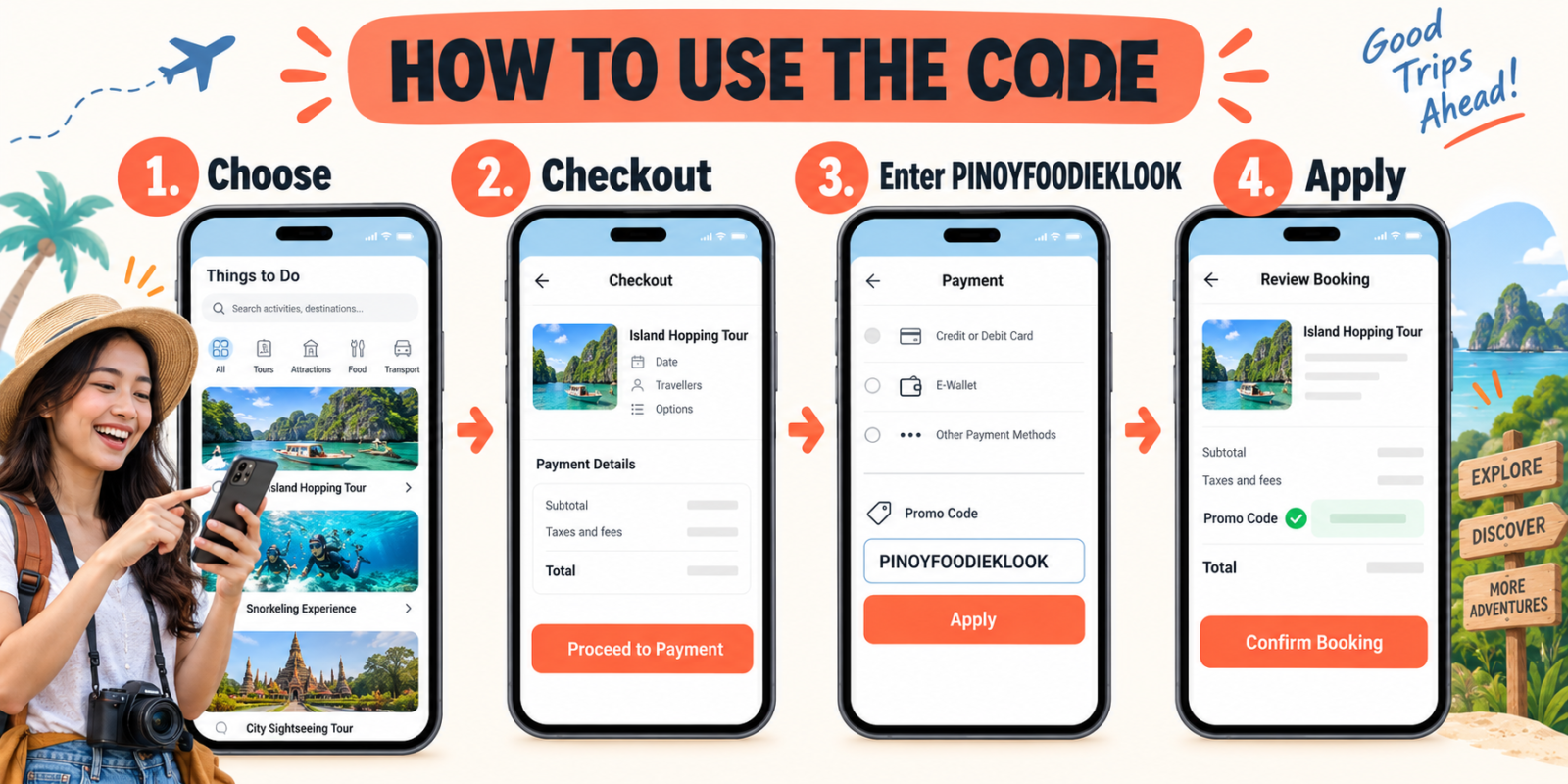 How to apply Klook promo code PINOYFOODIEKLOOK at checkout